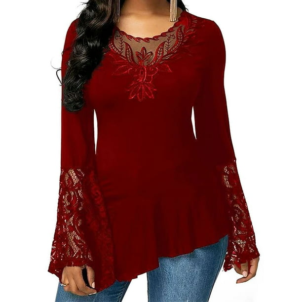 Siviki Plus Size Fashion Summer Lady Lace Womens Long Sleeve T-Shirt Casual Top Blouse 